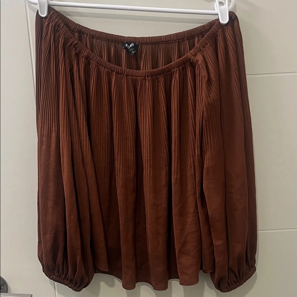 Express: Elegant Brown Pleated Off Shoulder Top - Picture 2 of 6